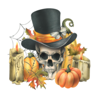 Human skull in black top hat with orange pumpkins, cobweb, candles and autumn maple leaves. Hand drawn watercolor illustration for Halloween. Isolated composition png