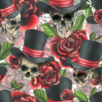 menselijk schedel in een top hoed met rood rozen en spinnenwebben. hand- getrokken waterverf illustratie voor halloween, dag van de dood, dia de los muertos. naadloos patroon png