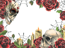 Ornamented human skull with red roses, candles and cobwebs. Hand drawn watercolor illustration for day of the dead, halloween, Dia de los muertos. Square frame, template png