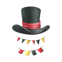 Black top hat with red satin ribbon, garland paper flags. Watercolor illustration, hand drawn. Isolated element png