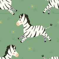 Vector seamless pattern with smiling zebras characters in green grass in cartoon style. Digital seamless safari design with zebras