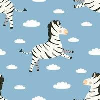 Vector seamless pattern with flying zebra characters in cartoon style. Vector background with flying zebras under the clouds