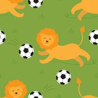 Vector seamless pattern with lions plying with soccer ball in the grass in cartoon style