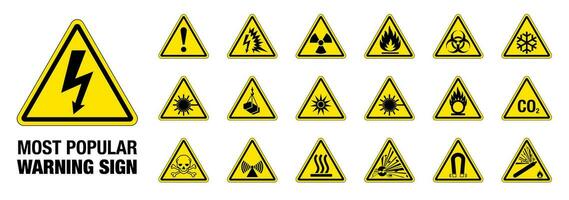 Set of 18 most popular isolated hazardous symbols on yellow round triangle board warning sign vector