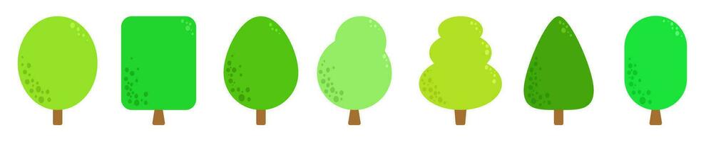 Green summer forest tree flat vector icons collection. Simple flat forest flora. Isolated plants. Cartoon trees set.