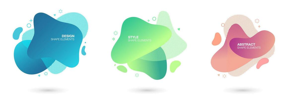 Set of abstract gradient liquid shape amoeba graphic elements. Colored fluid elements for minimal banner, logo.