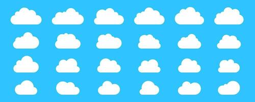 Big set of cloud with flat bottom cloud icons in flat style isolated on blue background. Cloud vector collection.