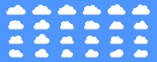 Set of cartoon clouds. Clouds with flat bottom collections in flat style isolated on blue background. vector