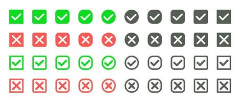 collection green and red circle and square check mark and cross icon set. Vector illustration checkmark icon set.