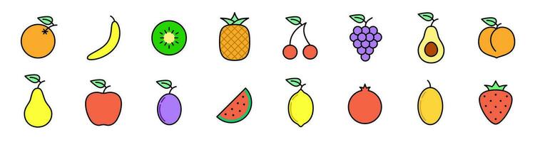 Set of colorful fruit vegan icons orange, banana, kiwi, pineapple, cherry, grape, apple, lemon. Vector illustration.