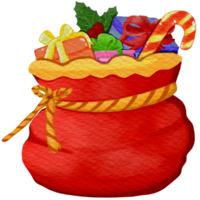 a santa bag with candy, gifts and other items png