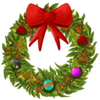 a christmas wreath with red ribbon and balls on it png