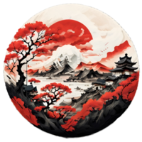 Japanese Style Mountain And Tree Sticker Ai Generative png