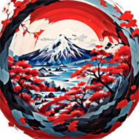 Japanese Style Mountain And Tree Sticker Ai Generative png