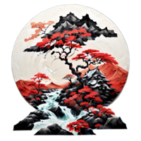 Japanese Style Mountain And Tree Sticker Ai Generative png