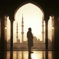 gratis eid Mubarak realista silueta de Luna y mezquita generativo ai foto