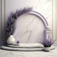 Light marble podium for goods with flowers and leaves. Generative AI photo