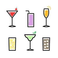 Various juice drinks with various types of glasses in a vector icon set