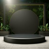 Empty round black podium, stage, pedestal for goods and objects. Minimalist stand. Generative AI photo