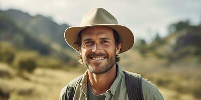 ai generado. ai generativo. hermoso hombre en sombrero mochila trekking excursionismo retrato paisaje aventuras exterior. gráfico Arte foto