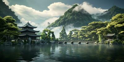 ai generado. ai generativo. tradicional historia asiático japonés chino templo edificio torre jardín naturaleza al aire libre antecedentes. gráfico Arte foto