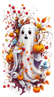 Sticker Creepy Halloween Cartoon Funny Ghost and Scary Witch Hat in Dark Night transparent background AI Generative png