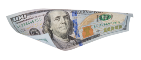 One Hundred Dollar Bill Falling or Floating on Empty Background - Transparent PNG. png