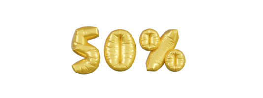 guld ballonger företag rubrik. 50 procent reklam symbol brev 3d vektor. png