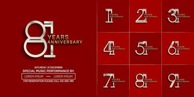 set of anniversary glossy silver and gold color with red background for special celebration event vector