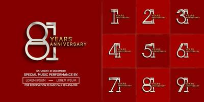 set of anniversary glossy silver and gold color with red background for special celebration event vector