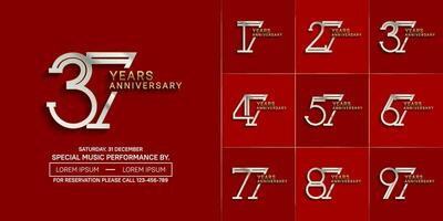 set of anniversary glossy silver and gold color with red background for special celebration event vector