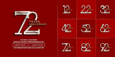 set of anniversary glossy silver and gold color with red background for special celebration event vector