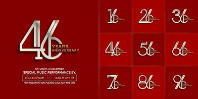 set of anniversary glossy silver and gold color with red background for special celebration event vector