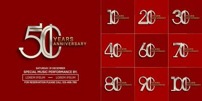 set of anniversary glossy silver and gold color with red background for special celebration event vector