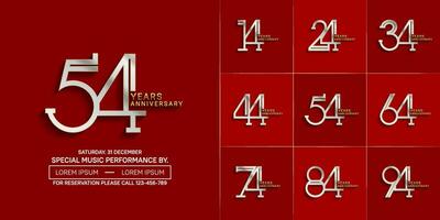 set of anniversary glossy silver and gold color with red background for special celebration event vector