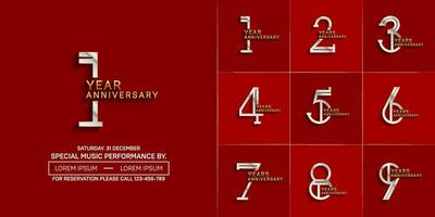 set of anniversary glossy silver and gold color with red background for special celebration event vector