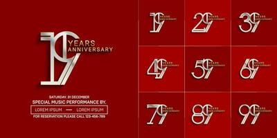 set of anniversary glossy silver and gold color with red background for special celebration event vector