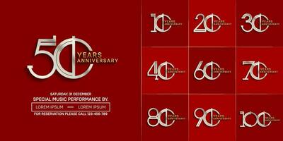 set of anniversary glossy silver and gold color with red background for special celebration event vector