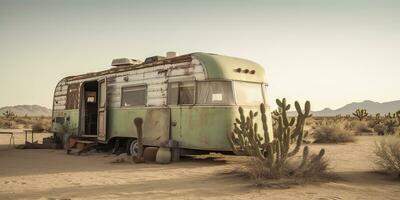 AI Generated. AI Generative. Old metal rustic abondoned vintage camper rv car house in desert. Adventure background lifestyle. Graphic Art photo