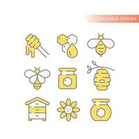 Honey bee, jar vector line icon set. Beehive, honeycomb outline icons.