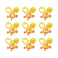 Vitamin b complex capsules icon set. Vitamins b1, b3, b9 and b12 icons. vector