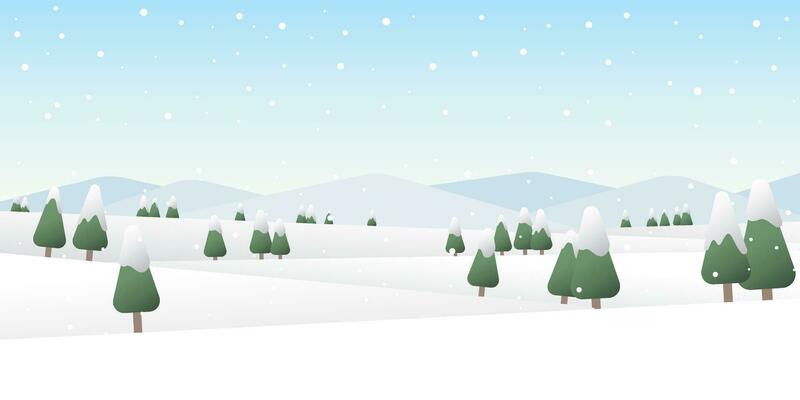 Winter mountains landscape with pines and hills vector illustration. Merry Christmas and Happy New Year greeting card template.