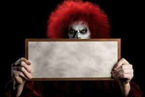 Scary clown holding blank old paper, isolated on black background. Copy space for your text. Halloween background with empty space. Happy Halloween. Generative AI. photo