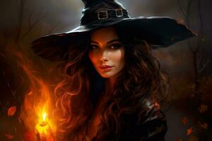 Beautiful witch portrait. Close uo view. Happy Halloween. Young, mystical woman. Trick or treat. Generative AI. photo