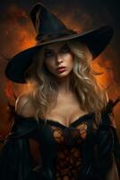 Beautiful witch portrait. Close uo view. Happy Halloween. Young, mystical woman. Trick or treat. Vertical picture. Generative AI. photo