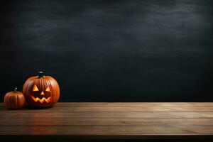 Empty wooden table top with Halloween pumpkin, Jack O'Lantern. Copy space for your object, product presentation. Display, promotion, advertising. Empty scene. Happy Halloween. Generative AI. photo