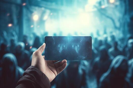 Hand holding blank old paper, mystical atmosphere. Copy space for your text. Halloween background with empty space. Happy Halloween. Generative AI. photo