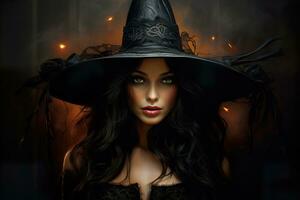 Beautiful witch portrait. Close uo view. Happy Halloween. Young, mystical woman. Trick or treat. Generative AI. photo