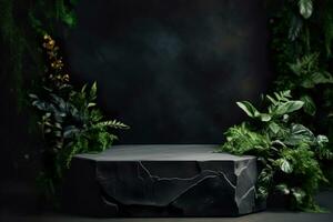 Product presentation mock-up with plants leaves. Black stone podium with copy space. Stage, display, showroom. Empty tropical scene. Jungle theme. Generative AI. photo