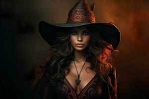 Beautiful witch portrait. Close uo view. Happy Halloween. Young, mystical woman. Trick or treat. Generative AI. photo